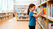 © Xenia - Smiling young girl choosing book from library shelf. Elementary school student finding colorful literature to read