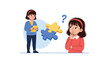 © Adrianna - Two young girls look thoughtful and confused while trying to solve a puzzle represented by floating blue and yellow pieces.