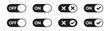 © Ruyel - Toggle switch buttons with on off labels and checkmark cross icons for mobile application interface design.