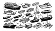 © Mr. Stocker - Diverse collection of hand-drawn black and white boat illustrations with various watercraft types