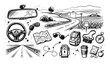 © Mr. Stocker - Hand-drawn black and white road trip elements including a steering wheel, car keys, map, and compass