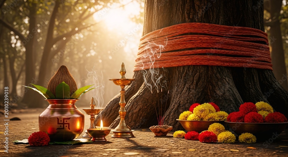 Sacred banyan tree with red thread and पूजा items, Hindu ritual setup ...