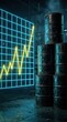 © Ekaterina - yellow upward trending digital graph and stack of weathered metal oil drums. financial markets,commodity prices, and oil-related economic dynamics, conjuring concept of oil price growth and crisis