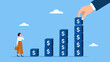 © vector - Businesswoman looking at stacked dollar sign blocks representing financial growth.