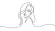 © Максим Зайков - Continuous one line woman face art beauty female drawing silhouette abstract. Woman face outline draw head profile hair side minimal vector girl eyes lineart makeup flower lady view model single
