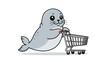 © renny - Cartoon gray seal pushing a small shopping cart against a white background