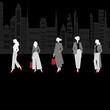 © ail-cat - 都会ファッション女性のミニマル線画イラスト（黒×赤）：都会のビル群を背景に、洗練された女性たちをミニマルな線画で表現したモダンイラスト。黒に赤の差し色が映えるスタイリッシュなデザインで、ファッション・雑貨・Web用途に最適。