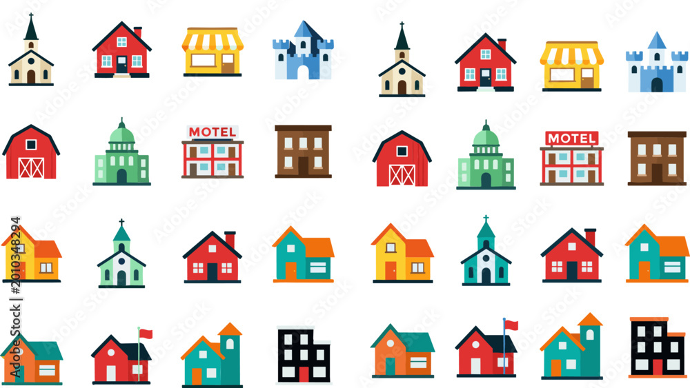 Comprehensive Vector Building Icon Set Featuring Houses, Schools ...