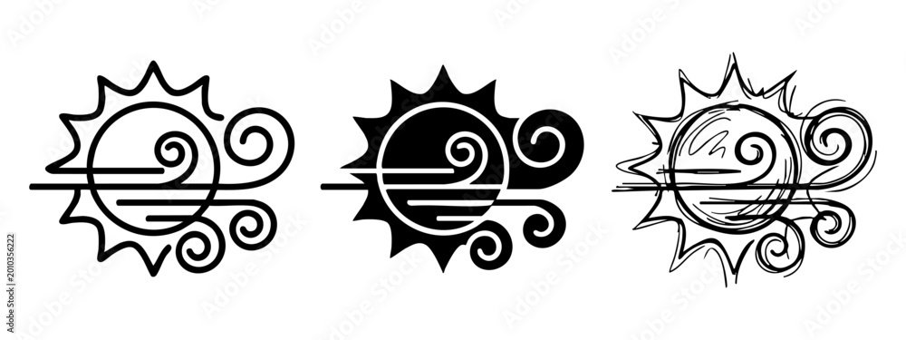 Sun and Wind Weather Icon Set, Vector Illustration of Sunny and Windy ...
