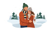 © Amie - Flat style vector illustration of couple hugging in snowy winter landscape, romantic seasonal concept