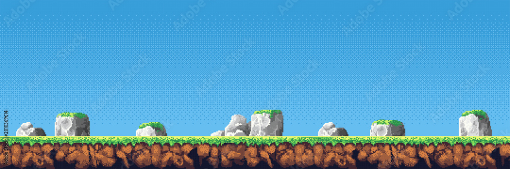 Pixel art landscape with grass and stone on blue sky background. 2D ...