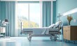 © Delilah zoe - Clean and bright hospital room with bed and large window overlooking nature.