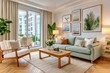 © Georgii - Bright modern living room in apartment with pastel sofa, gallery wall and balcony plants