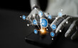 © InfiniteFlow - A close-up view of hands interacting with a smartphone, surrounded by floating digital icons that symbolize data connections and modern technology in a contemporary workspace. Tessel