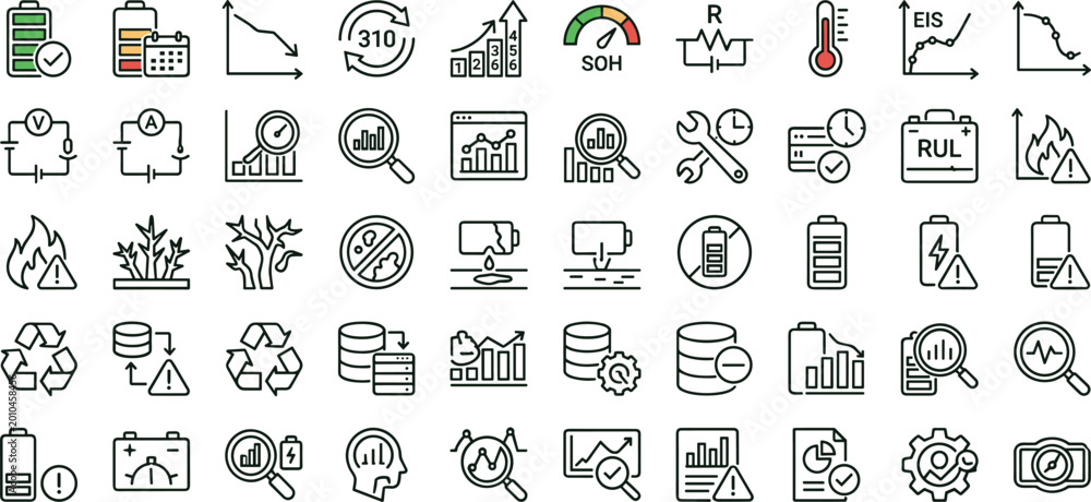 Balanced Battery Performance Icon Battery health and energy diagnostics icon set with power analytics ...
