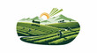 © iskandar - Rolling green hills with farmers harvesting under a stylized sun and mountains