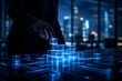 © emwe studio - Digital business strategy and technology innovation concept. Businessman hand stacking glowing data cubes building a network structure in smart city.