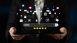 © InfiniteFlow - Digital Marketing Icons and Search Bar Display on Tablet with Social Media Symbols Representing Online Engagement and Business Growth Quark.