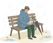 © nice - Person sitting on bench in rain, solitude, reflection, melancholy mood, emotional scene, contemplative illustration
