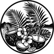 © AHOSAN - Tropical palm trees, coconut, hibiscus flowers, black and white vector illustration, circular frame, exotic landscape