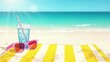 © inna717 - Summer Beach Background in Anime Style: Cold Soda Drink with Straw, Pink Sunglasses and Yellow Striped Towel on Sand with Copy Space
