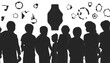 © Usama - Wristwatch icon floats above a group of standing people silhouettes against a clean white background.