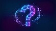 © Yuliia - Glowing neon question mark inside digital brain outline with network connections on dark blue purple gradient background for AI technology concepts.
