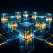 © aiblaster - Futuristic glowing digital cubes on a dark grid represent data storage and high speed information transfer in celebration of world telecommunication day and technological advancement
