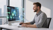 © ColeneM - A smiling man in a gray shirt works on a futuristic computer interface displaying glowing geometric shapes and data