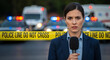 © Kristelinmind - Woman journalist reporting live from crime scene with microphone. News reporter covering emergency incident with flashing police lights and yellow tape background. Journalism concept.