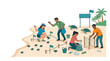 © HambaTuhanImages - A bright vector art illustration depicting people participating in sea turtle conservation efforts on a sandy beach, marking nests and collecting plastic waste, conveying a hopeful