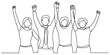 © Alo 2026 Arts - Happy diverse group of business people cheering and raising hands together in a continuous single line drawing style representing teamwork and success Vector, illustration