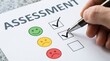 © NoLimitStudio - assessment, feedback, satisfaction, survey, evaluation, checklist, questionnaire showing hand ticking boxes next to smiley icons for business customer service rating and feedback.