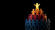 © HADI INCREDIBLE - Leadership and success concept with a pyramid of colorful paper people and a glowing yellow figure standing at the peak against a black background