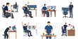© Peony02 - Flat Vector Illustration Set of Male Office Worker Character in Various Work Scenarios and Emotions, Professional Business Workspace Concepts for Web Design