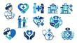 © tr - Collection of healthcare and medical icons representing nursing, cardiology, and hospital services.