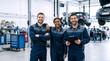 © Milan - Diverse team of smiling auto mechanics standing in a modern car repair shop. Professional men and woman workers in blue uniforms holding a clipboard. Automotive service and teamwork concept