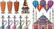 © Sahabib - Turkey Travel and Culture Collection Featuring Blue Mosque Istanbul Hot Air Balloons Cappadocia Doner Kebab Meat Chocolate Fountain and Shisha Hookah Vector Illustration Set