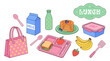© Sultan Desain - Colorful cartoon lunch set for kids featuring a lunchbox, pink bag, utensils, fruit, and drink bottles in a playful school-lunch illustration.