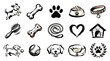 © Renald - A charming collection of hand-drawn watercolor icons representing various aspects of dog ownership and care, including playful pups, essential accessories, and symbols of canine affection.