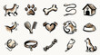 © Renald - A collection of charming hand-drawn icons representing various aspects of dog ownership and canine care, including toys, accessories, and symbols of affection.
