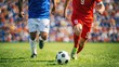 © Arfa_Media - Two soccer players in red and blue jerseys competing for possession of ball during professional match in stadium. High quality photo
