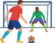 © Khatunay JANNATARA - Two soccer players in action with ball and goal in front of white background