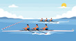 © Parvez - Two teams of professional rowers compete in a synchronized race on a calm blue lake during a bright sunny day with a visible finish line.