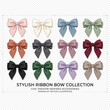 © Sumon - Set of twelve elegant ribbon bows in various solid colors for fashion design, gift wrapping, and decorative projects. High quality minimalist vector illustration isolated on a transparent background.