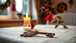 © lebron james - peter. Saint Peter key with candle and rose on linen table. symbolizing life milestones and joyful moments, event programs, designed for cultural heritage projects and event programs.