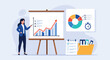 © Naim - Professional businesswoman presenting data analysis and growth charts on a whiteboard during a corporate meeting or seminar.