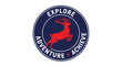 © rino - Red deer jumping in a blue circular emblem with EXPLORE ADVENTURE ACHIEVE text.