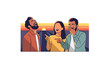 © Jonmart - Joyful togetherness as three diverse individuals share a moment of shared amusement their expressions lit by the warm glow of a setting sun against a colorful striped horizon symbolizing