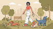 © Allen - A stylish tattooed young woman confidently walks three happy energetic dogs through a peaceful blooming green city park on a sunny afternoondog